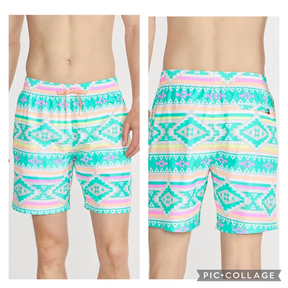 EUC Mens Chubbies Classic Swim Trunk The En Fuegos in Teal Geometric | Size Lg - Picture 8 of 9